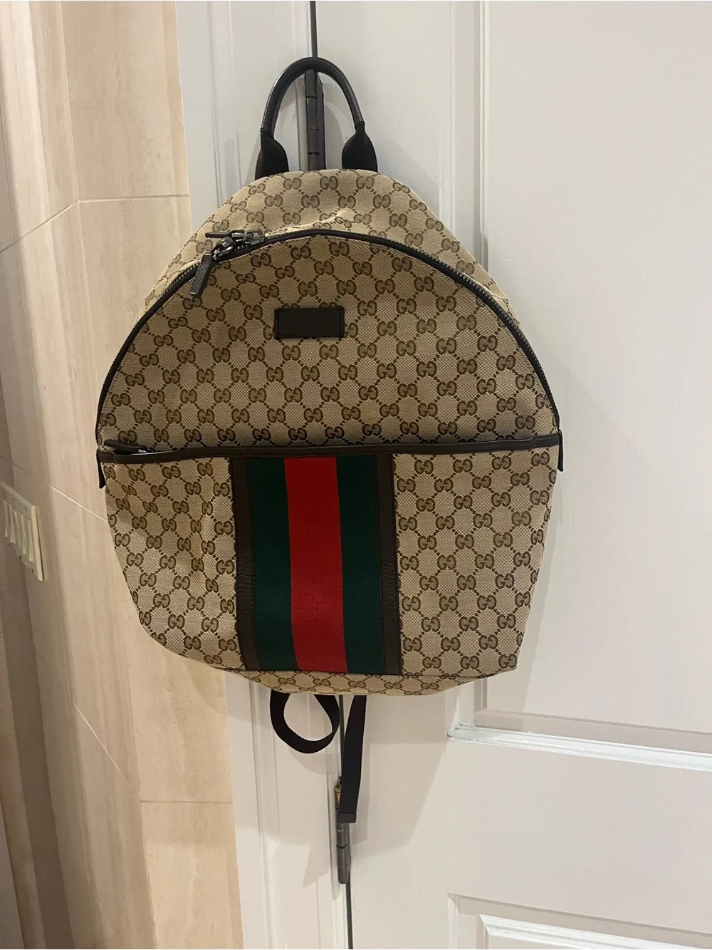 Gucci Beige GG Canvas Backpack with Green and Red Web Stripe